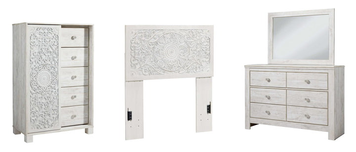 ASHLEY FURNITURE PKG002885 Twin Panel Headboard With Mirrored Dresser and Chest