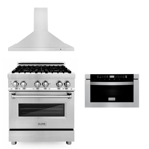 ZLINE KITCHEN AND BATH 3KPRARH30MW ZLINE 30" Kitchen Package with Stainless Steel Dual Fuel Range, Convertible Vent Range Hood and Microwave Drawer