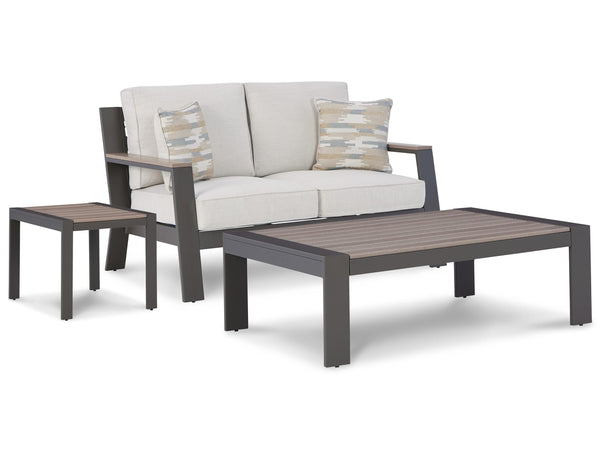 ASHLEY FURNITURE PKG014571 Outdoor Loveseat With Coffee Table and End Table