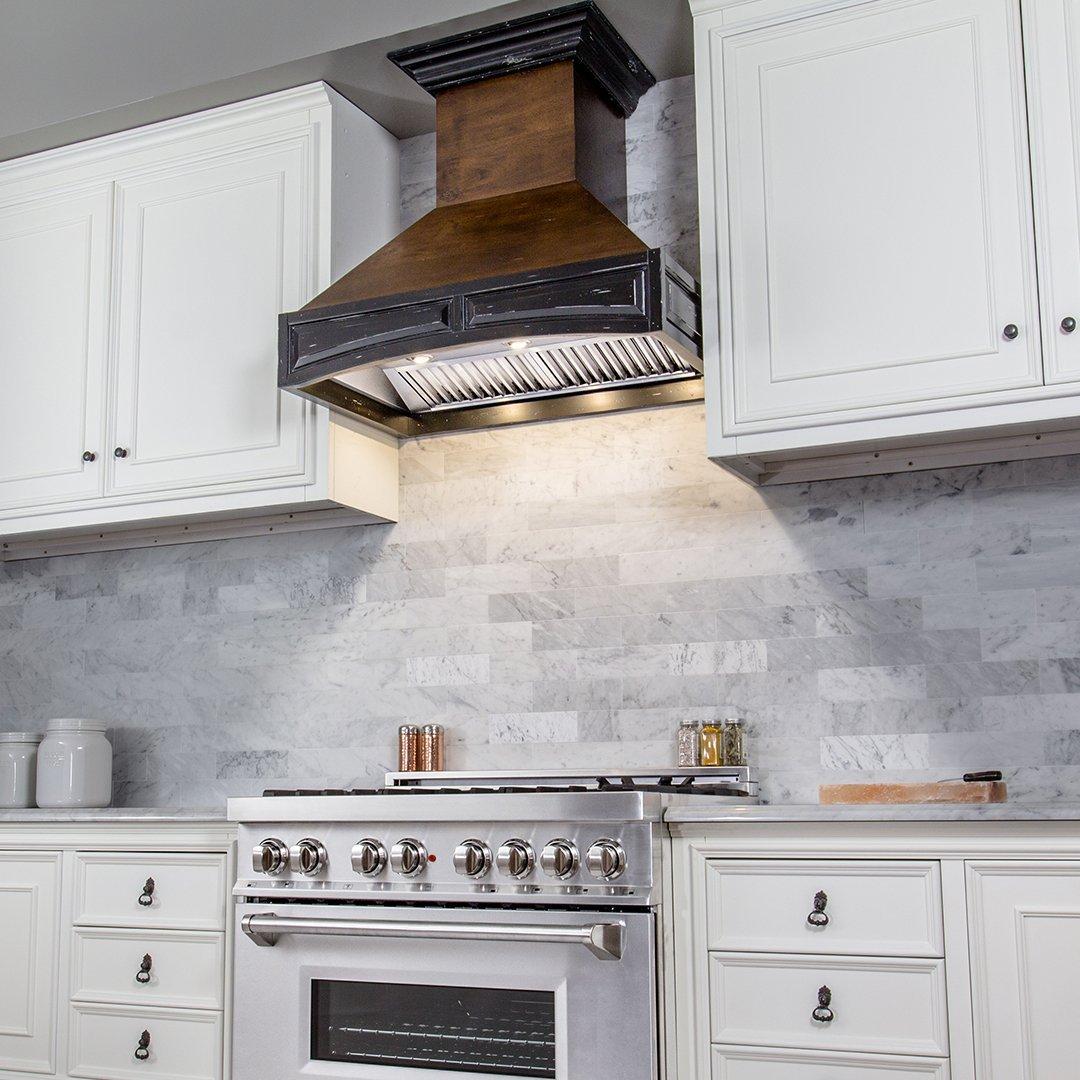 ZLINE KITCHEN AND BATH 321ARRD42 ZLINE Wooden Wall Mount Range Hood in Antigua and Walnut - Includes Dual Remote Motor Size: 42 Inch, CFM: 700