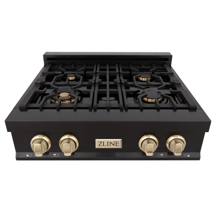 ZLINE KITCHEN AND BATH RTBZ30G ZLINE Autograph Edition 30" Porcelain Rangetop with 4 Gas Burners in Black Stainless Steel and Accents Accent: Gold