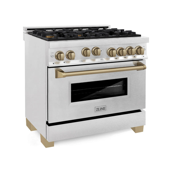 ZLINE KITCHEN AND BATH RGSZSN36CB ZLINE Autograph Edition 36" 4.6 cu. ft. Range with Gas Stove and Gas Oven in DuraSnow R Stainless Steel with Accents Color: Champagne Bronze