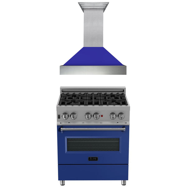 ZLINE KITCHEN AND BATH 2KPRASBMRH30 ZLINE 30" Kitchen Package with DuraSnow R Stainless Steel Dual Fuel Range with Blue Matte Door and Convertible Vent Range Hood