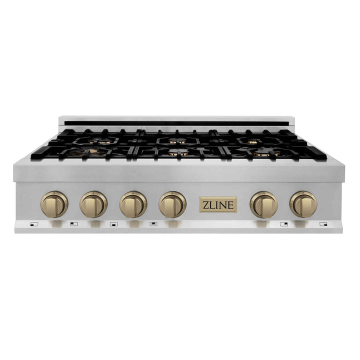 ZLINE KITCHEN AND BATH RTZ36G ZLINE Autograph Edition 36" Porcelain Rangetop with 6 Gas Burners in Stainless Steel with Accents Color: Gold