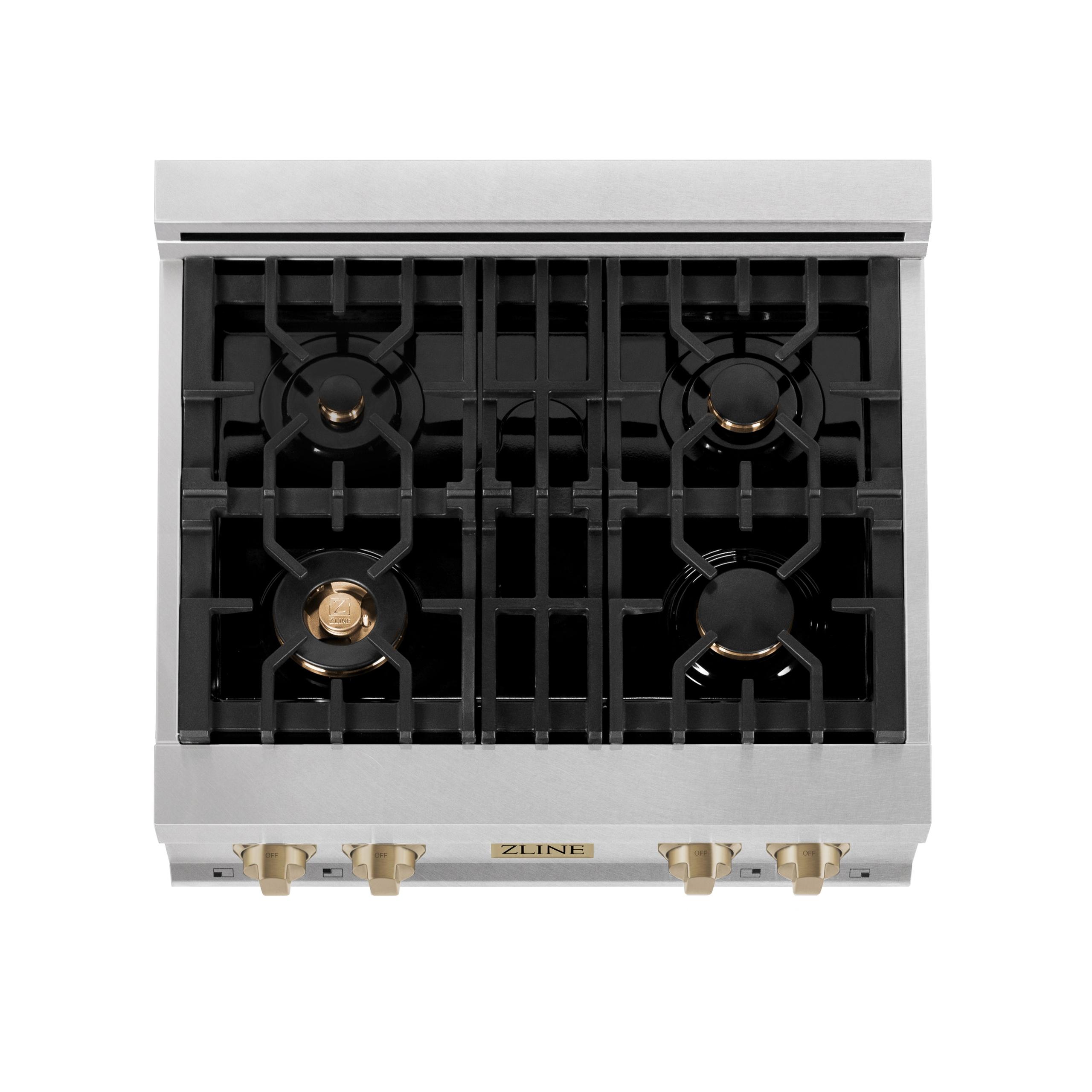 ZLINE KITCHEN AND BATH RTSZ30CB ZLINE Autograph Edition 30" Porcelain Rangetop with 4 Gas Burners in DuraSnow R Stainless Steel and Accents Color: Champagne Bronze