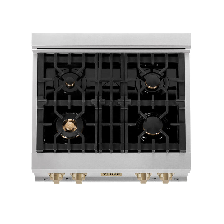 ZLINE KITCHEN AND BATH RTSZ30G ZLINE Autograph Edition 30" Porcelain Rangetop with 4 Gas Burners in DuraSnow R Stainless Steel and Accents Color: Gold