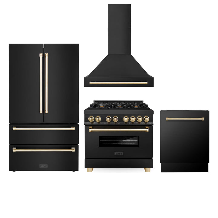 ZLINE KITCHEN AND BATH 4AKPRRABRHDWV36G ZLINE 36" Autograph Edition Kitchen Package with Black Stainless Steel Dual Fuel Range, Range Hood, Dishwasher and Refrigeration with Gold Accents