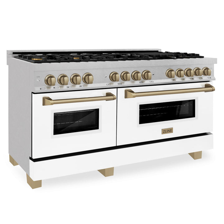 ZLINE KITCHEN AND BATH RASZWM60CB ZLINE Autograph Edition 60" 7.4 cu. ft. Dual Fuel Range with Gas Stove and Electric Oven in DuraSnow R Stainless Steel with White Matte Door and Accents Color: Champagne Bronze