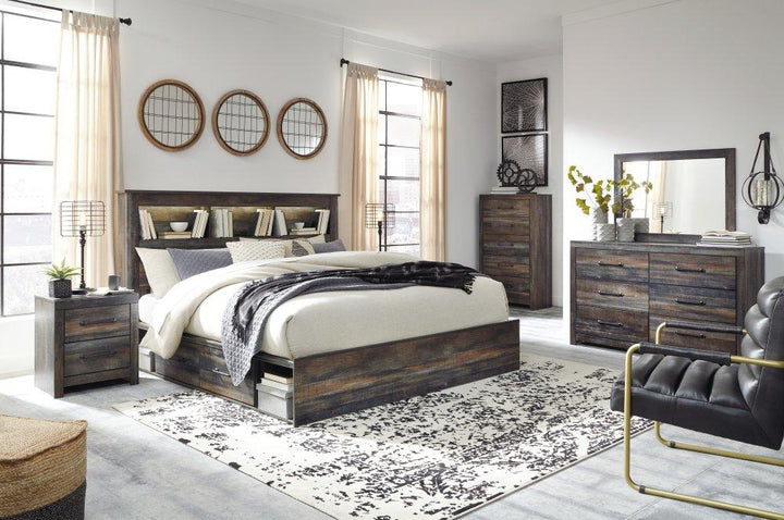 ASHLEY FURNITURE PKG003381 King Bookcase Bed With 2 Storage Drawers With Mirrored Dresser, Chest and Nightstand