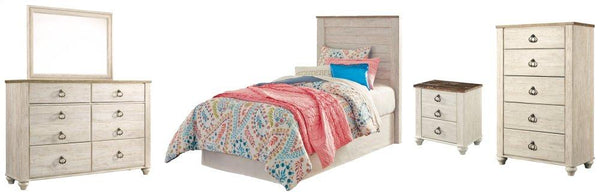 ASHLEY FURNITURE PKG004436 Twin Panel Headboard With Mirrored Dresser, Chest and Nightstand