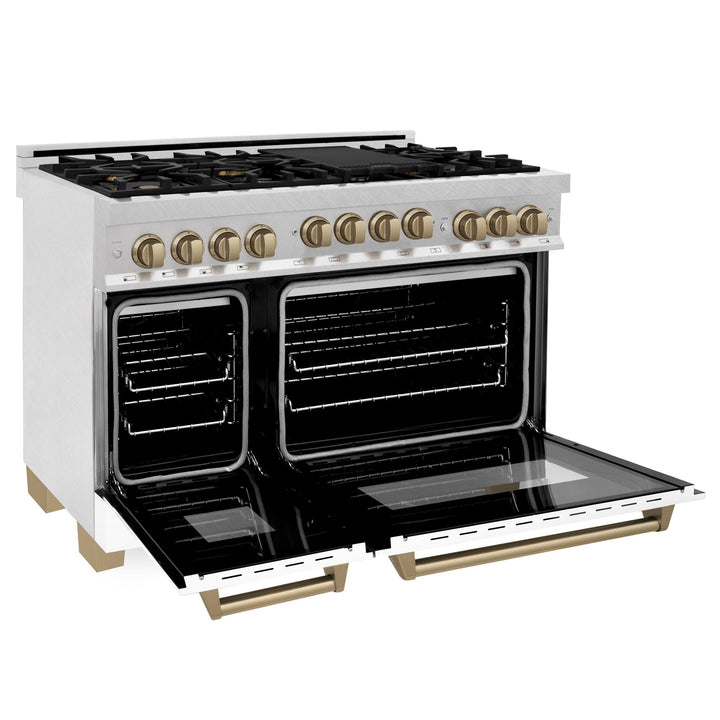 ZLINE KITCHEN AND BATH RGSZWM48CB ZLINE Autograph Edition 48" 6.0 cu. ft. Range with Gas Stove and Gas Oven in DuraSnow R Stainless Steel with White Matte Door Color: Champagne Bronze