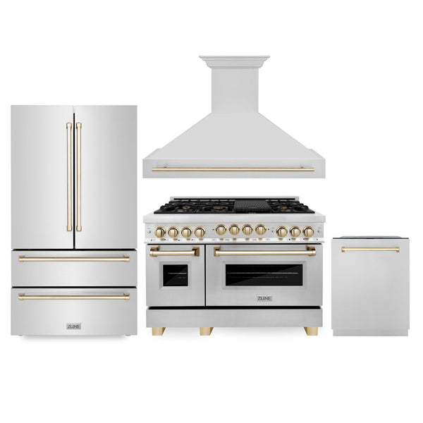 ZLINE KITCHEN AND BATH 4AKPRRGRHDWM48G ZLINE 48" Autograph Edition Kitchen Package with Stainless Steel Gas Range, Range Hood, Dishwasher and Refrigeration with Gold Accents