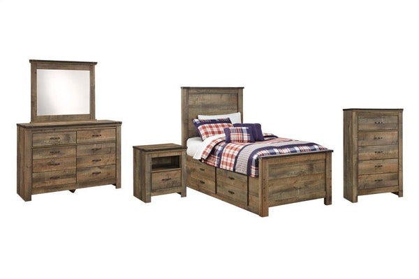 ASHLEY FURNITURE PKG005163 Twin Panel Bed With 2 Storage Drawers With Mirrored Dresser, Chest and Nightstand