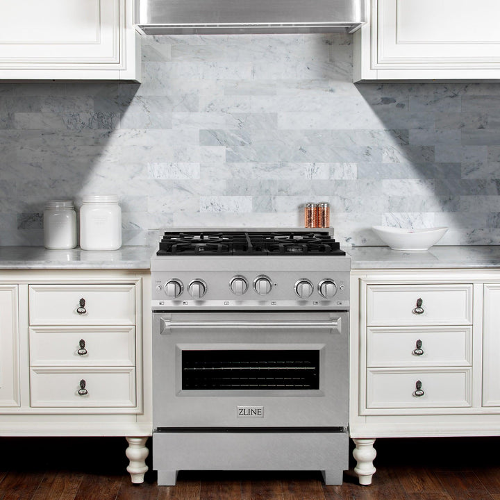 ZLINE KITCHEN AND BATH RGSSNBR30 ZLINE 30" 4.0 cu. ft. Range with Gas Stove and Gas Oven in DuraSnow R Stainless Steel with Color Door Options Color: DuraSnow R Stainless Steel with Brass Burners