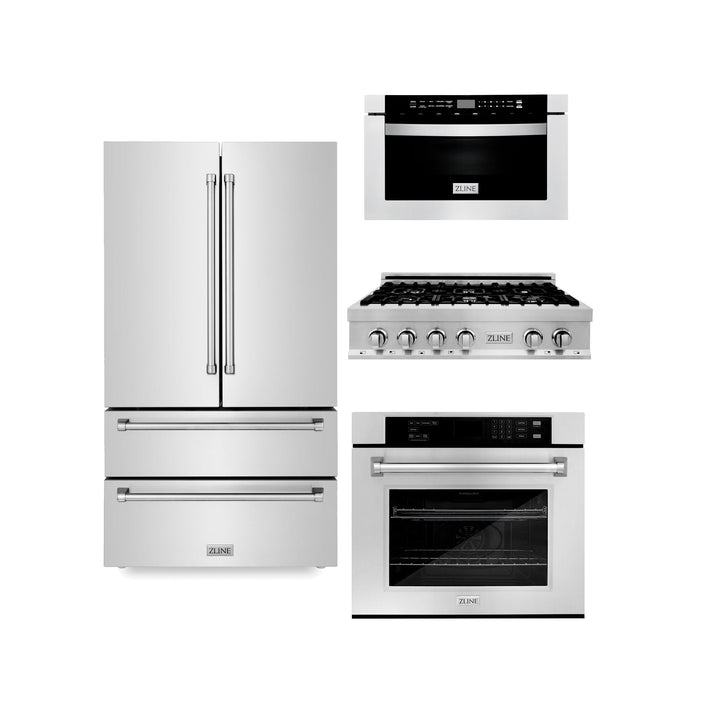 ZLINE KITCHEN AND BATH 4KPRRT36MWAWS ZLINE Kitchen Package with Refrigeration, 36" Stainless Steel Rangetop, 30" Single Wall Oven, 30" Microwave Oven