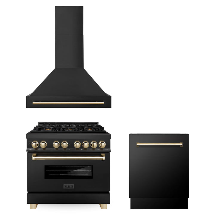 ZLINE KITCHEN AND BATH 3AKPRABRHDWV36G ZLINE 36" Autograph Edition Kitchen Package with Black Stainless Steel Dual Fuel Range, Range Hood and Dishwasher with Gold Accents