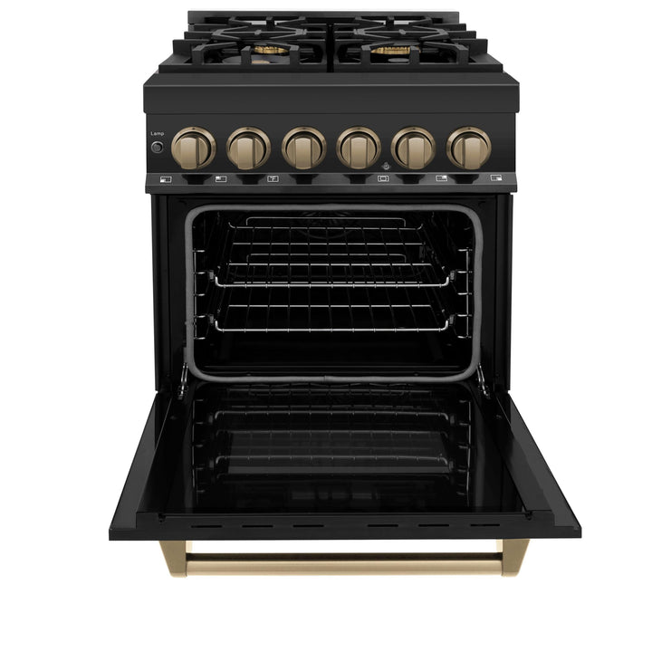 ZLINE KITCHEN AND BATH RABZ24G ZLINE Autograph Edition 24" 2.8 cu. ft. Dual Fuel Range with Gas Stove and Electric Oven in Black Stainless Steel with Champagne Bronze Accents Color: Gold