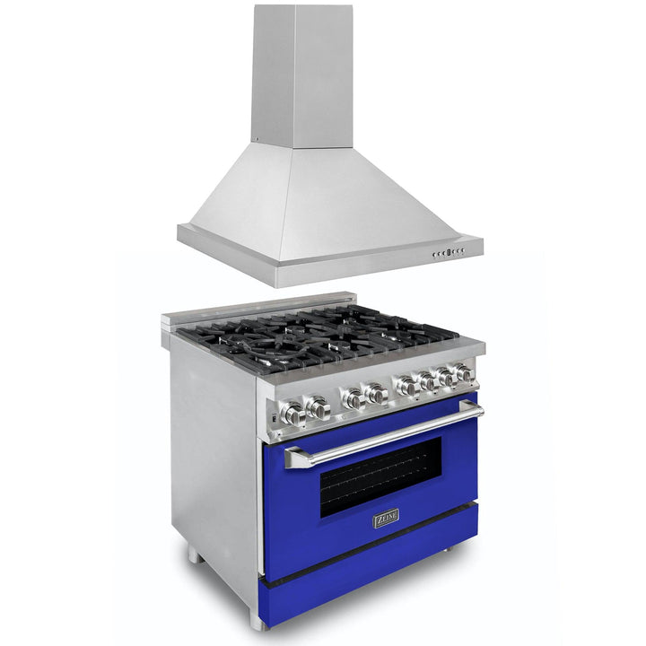 ZLINE KITCHEN AND BATH 2KPRABGRH36 ZLINE 36" Kitchen Package with Stainless Steel Dual Fuel Range with Blue Gloss Door and Convertible Vent Range Hood