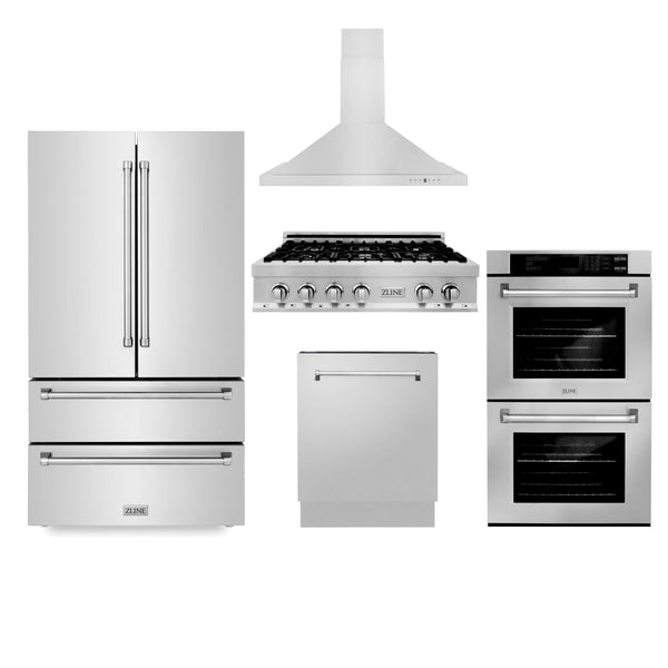 ZLINE KITCHEN AND BATH 5KPRRTRH36AWDDWV ZLINE Kitchen Package with Refrigeration, 36" Stainless Steel Rangetop, 36" Range Hood, 30" Double Wall Oven and 24" Tall Tub Dishwasher