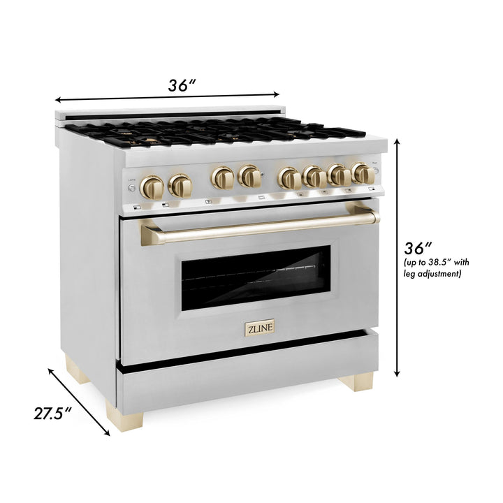 ZLINE KITCHEN AND BATH RGZ36CB ZLINE Autograph Edition 36" 4.6 cu. ft. Range with Gas Stove and Gas Oven in Stainless Steel with Accents Color: Champagne Bronze