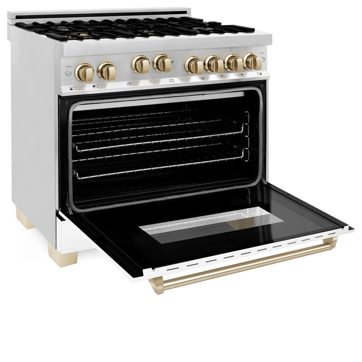 ZLINE KITCHEN AND BATH RGZWM36CB ZLINE Autograph Edition 36" 4.6 cu. ft. Range with Gas Stove and Gas Oven in Stainless Steel with White Matte Door and Accents Color: Champagne Bronze