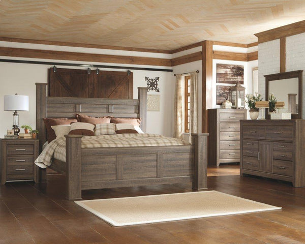 ASHLEY FURNITURE PKG004049 California King Poster Bed With Mirrored Dresser and 2 Nightstands