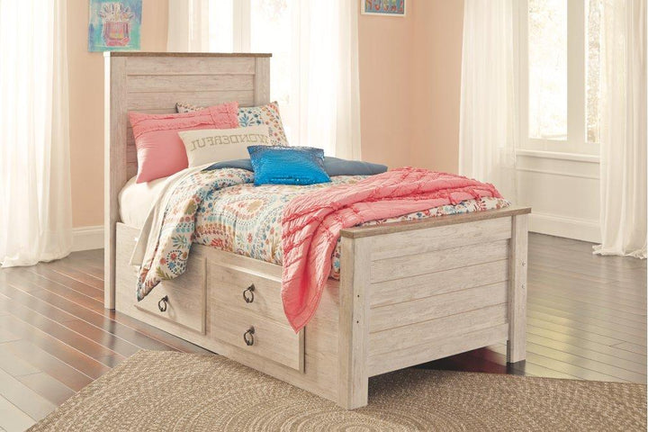 ASHLEY FURNITURE PKG004447 Twin Panel Bed With 2 Storage Drawers With Mirrored Dresser, Chest and Nightstand