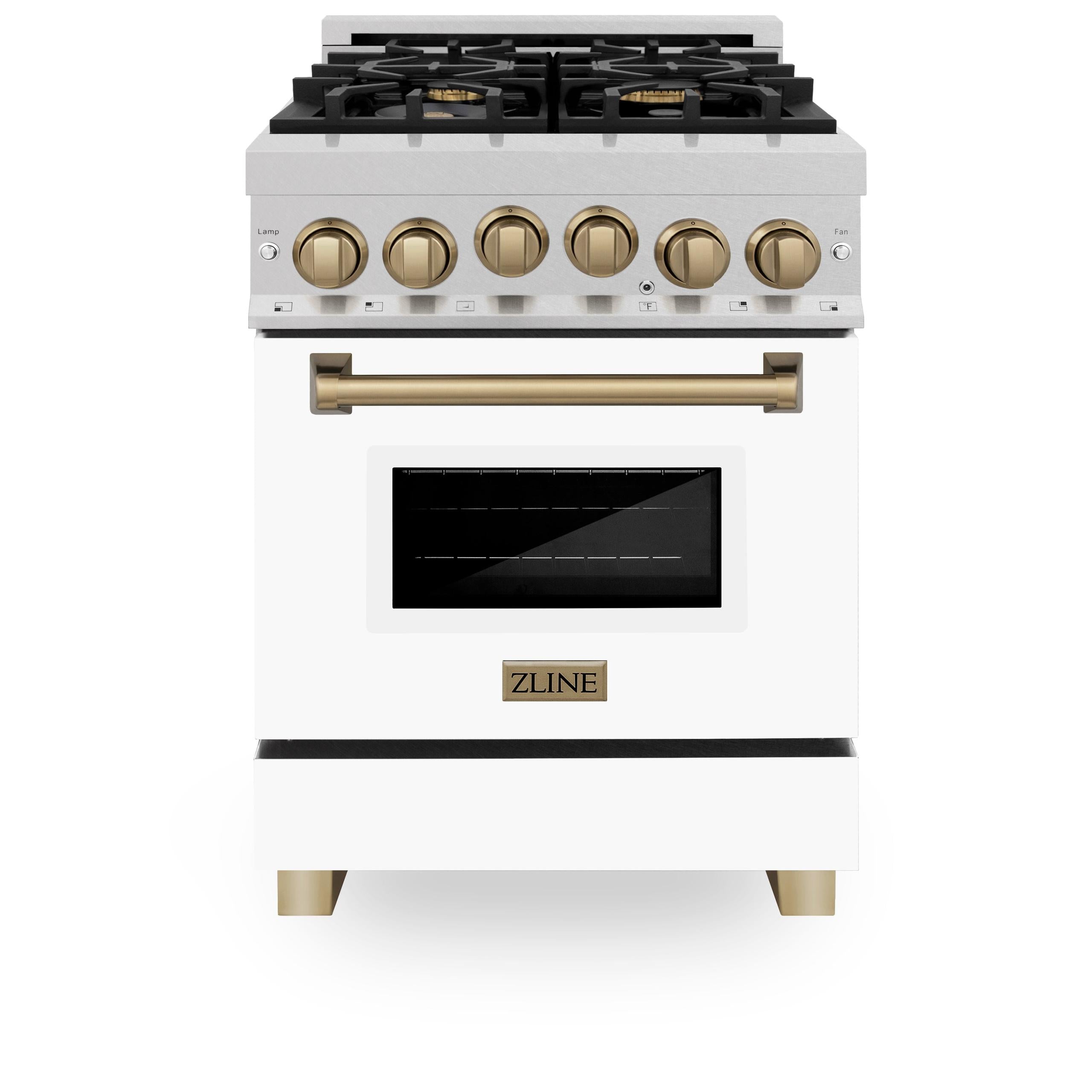 ZLINE KITCHEN AND BATH RGSZWM24CB ZLINE Autograph Edition 24" 2.8 cu. ft. Range with Gas Stove and Gas Oven in DuraSnow R Stainless Steel with White Matte Door and Accents Color: Champagne Bronze