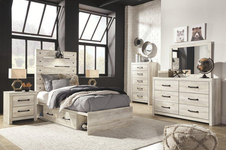 ASHLEY FURNITURE PKG002982 Twin Panel Bed With 2 Storage Drawers With Mirrored Dresser, Chest and Nightstand