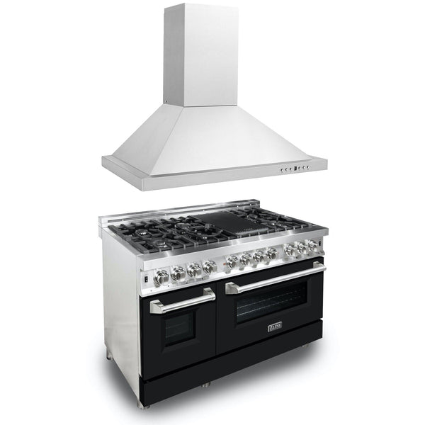 ZLINE KITCHEN AND BATH 2KPRABLMRH48 ZLINE 48" Kitchen Package with Stainless Steel Dual Fuel Range with Black Matte Door and Convertible Vent Range Hood