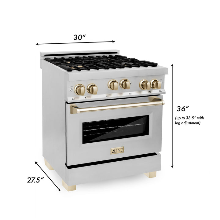 ZLINE KITCHEN AND BATH RGZ30G ZLINE Autograph Edition 30" 4.0 cu. ft. Range with Gas Stove and Gas Oven in Stainless Steel with Accents Color: Gold