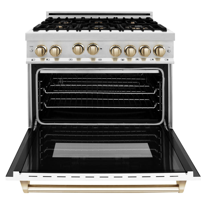 ZLINE KITCHEN AND BATH RGZWM36CB ZLINE Autograph Edition 36" 4.6 cu. ft. Range with Gas Stove and Gas Oven in Stainless Steel with White Matte Door and Accents Color: Champagne Bronze