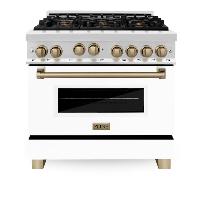 ZLINE KITCHEN AND BATH RGZWM36G ZLINE Autograph Edition 36" 4.6 cu. ft. Range with Gas Stove and Gas Oven in Stainless Steel with White Matte Door and Accents Color: Gold