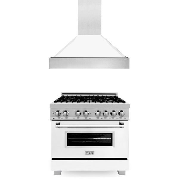 ZLINE KITCHEN AND BATH 2KPRASWMRH36 ZLINE 36" Kitchen Package with ZLINE DuraSnow Stainless Steel R Dual Fuel Range with White Matte Door and Convertible Vent Range Hood