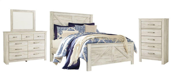 ASHLEY FURNITURE PKG004727 Queen Crossbuck Panel Bed With Mirrored Dresser and Chest