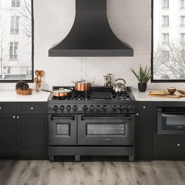 ZLINE KITCHEN AND BATH RAB48 ZLINE 48" 6.0 cu. ft. Dual Fuel Range with Gas Stove and Electric Oven in Black Stainless Steel with Brass Burners