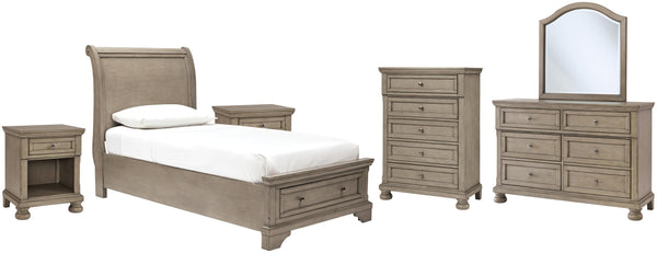 ASHLEY FURNITURE PKG006618 Twin Sleigh Bed With Mirrored Dresser, Chest and 2 Nightstands