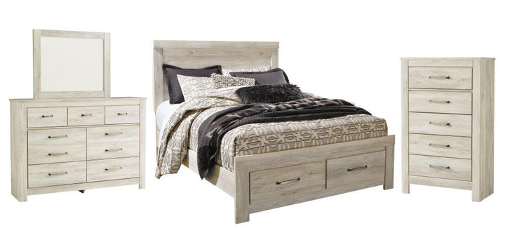 ASHLEY FURNITURE PKG004721 Queen Platform Bed With 2 Storage Drawers With Mirrored Dresser and Chest