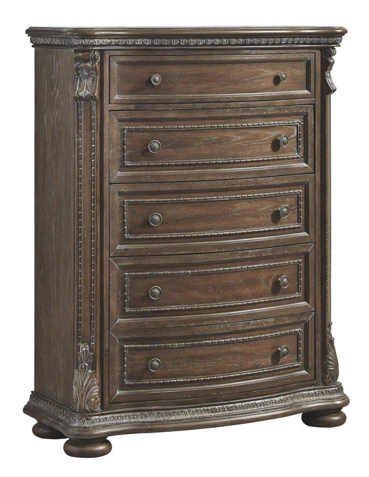 ASHLEY FURNITURE PKG007103 Queen Upholstered Sleigh Bed With Mirrored Dresser, Chest and Nightstand