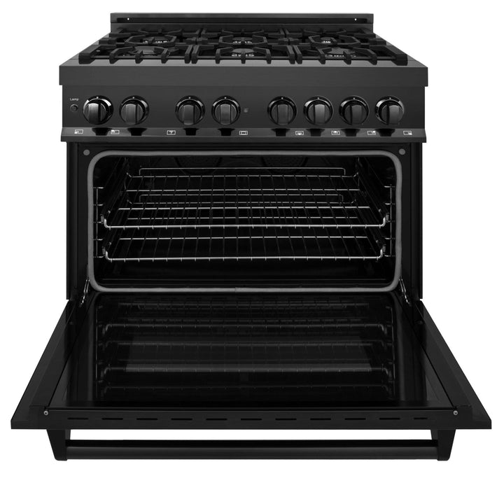 ZLINE KITCHEN AND BATH RAB36 ZLINE 36" 4.6 cu. ft. Dual Fuel Range with Gas Stove and Electric Oven in Black Stainless Steel with Brass Burners Style: Black Stainless Steel