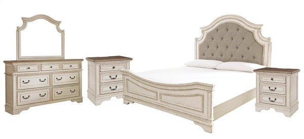 ASHLEY FURNITURE PKG006678 King Upholstered Panel Bed With Mirrored Dresser and 2 Nightstands