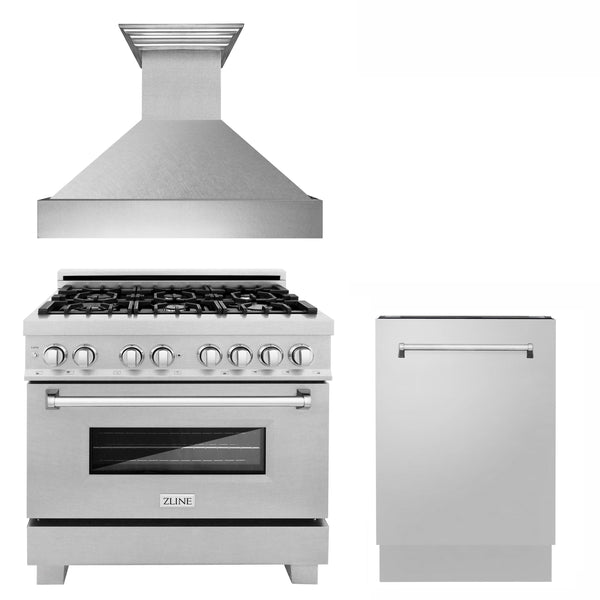 ZLINE KITCHEN AND BATH 3KPRGSRH36DWV ZLINE 36" Kitchen Package with DuraSnow R Stainless Steel Gas Range, Ducted Range Hood and Dishwasher