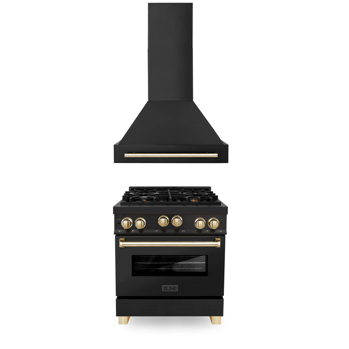 ZLINE KITCHEN AND BATH 2AKPRGBRH30G ZLINE 30" Autograph Edition Kitchen Package with Black Stainless Steel Gas Range and Range Hood with Gold Accents