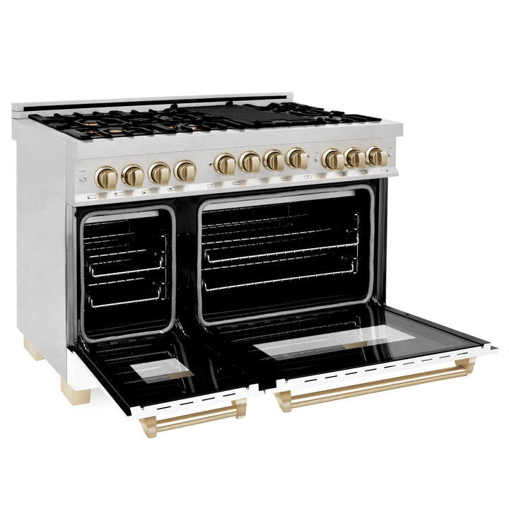 ZLINE KITCHEN AND BATH RGSZWM48CB ZLINE Autograph Edition 48" 6.0 cu. ft. Range with Gas Stove and Gas Oven in DuraSnow R Stainless Steel with White Matte Door Color: Champagne Bronze