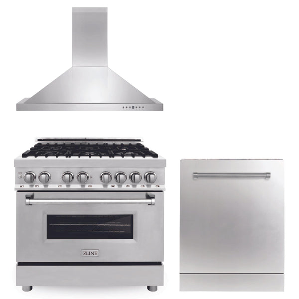 ZLINE KITCHEN AND BATH 3KPRARH36DW ZLINE 36" Kitchen Package with Stainless Steel Dual Fuel Range, Convertible Vent Range Hood and Dishwasher