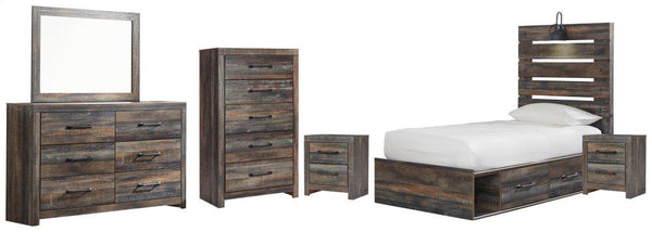 ASHLEY FURNITURE PKG003179 Twin Panel Bed With 4 Storage Drawers With Mirrored Dresser, Chest and 2 Nightstands