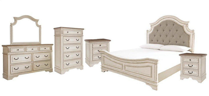 ASHLEY FURNITURE PKG006663 Queen Upholstered Panel Bed With Mirrored Dresser, Chest and 2 Nightstands