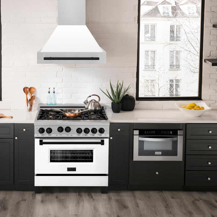 ZLINE KITCHEN AND BATH RGSZWM36MB ZLINE 36" 4.6 cu. ft. Range with Gas Stove and Gas Oven in DuraSnow R Stainless Steel with White Matte Door and Accents Accent: Matte Black