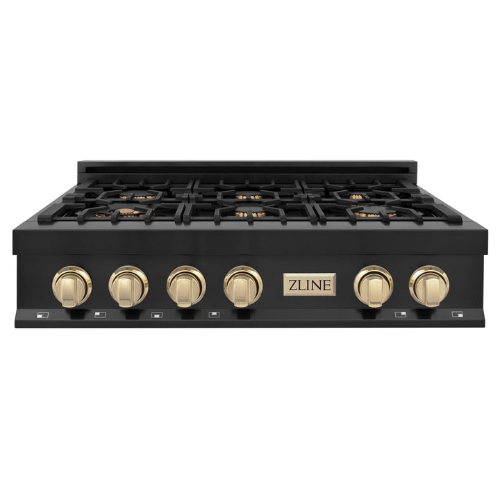 ZLINE KITCHEN AND BATH RTBZ36G ZLINE Autograph Edition 36" Porcelain Rangetop with 6 Gas Burners in Black Stainless Steel with Accents Accent: Gold