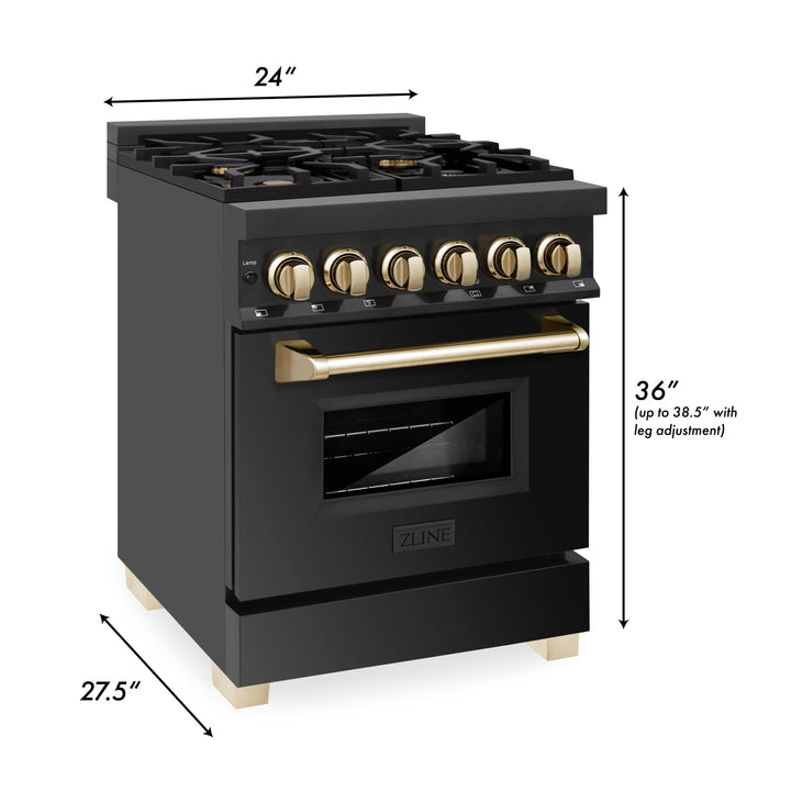 ZLINE KITCHEN AND BATH RABZ24G ZLINE Autograph Edition 24" 2.8 cu. ft. Dual Fuel Range with Gas Stove and Electric Oven in Black Stainless Steel with Champagne Bronze Accents Color: Gold